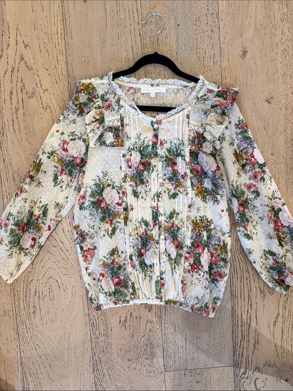 LoveShackFancy Cream Floral Swiss Dot Button-Up Blouse